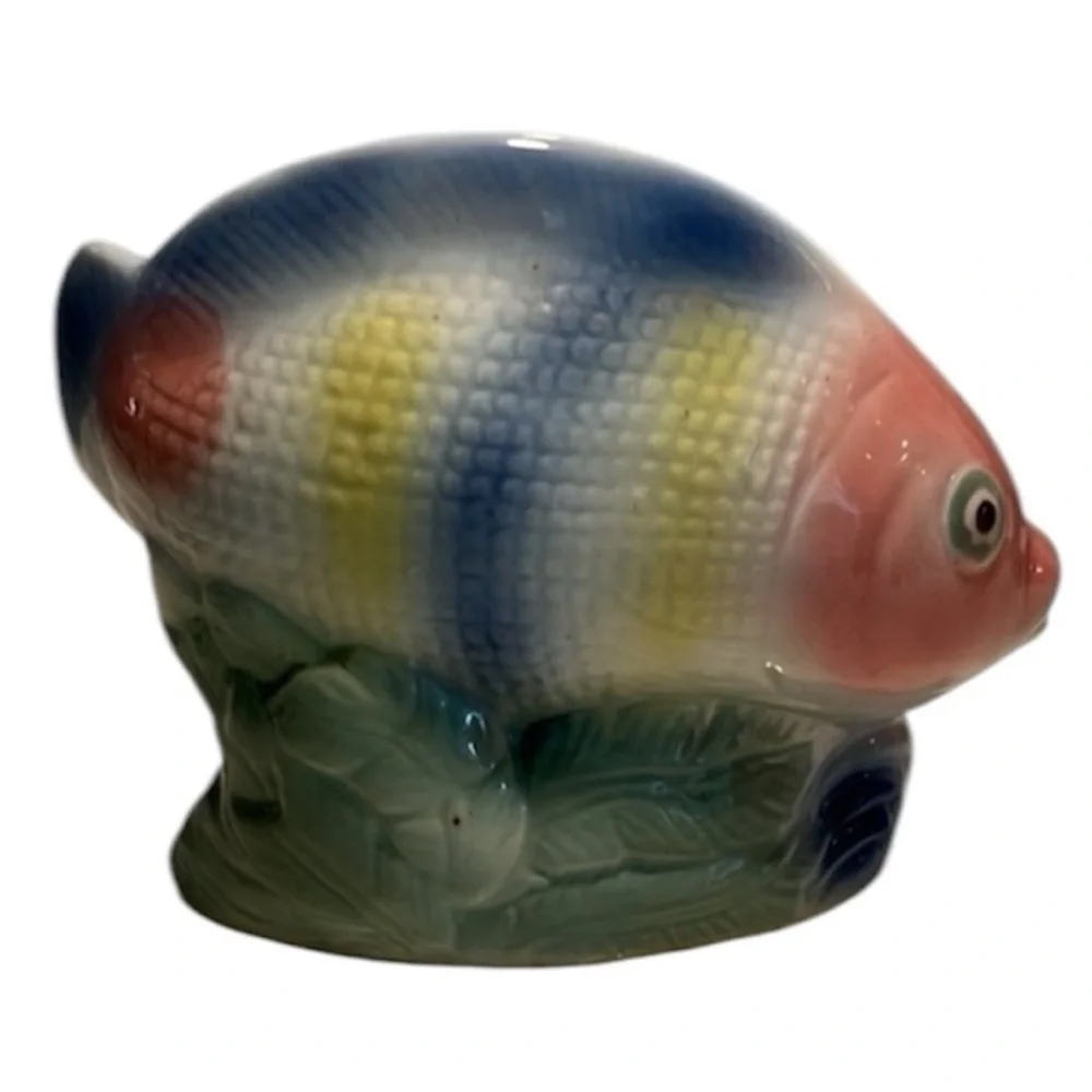 Ceramic Fish Figurine Coastal Nautical Beach Decor Blue Yellow Sculpture